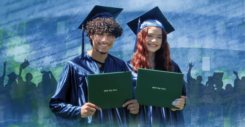 Two Graduates Holding their diplomas smiling