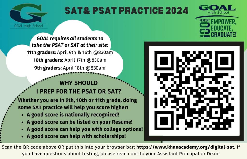 Image with decorative clouds and designs. Includes the following text and details. SAT& PSAT Practice 2024 GOAL requires all students to take the PSAT or SAT at their site: 11th graders: April 9th & 16th @830am 10th graders: April 17th @830am 9th graders: April 18th @830am Why Should I PREP FOR THE PSAT OR SAT? Whether you are in 9th, 10th or 11th grade, doing some SAT practice will help you score higher! A good score is nationally recognized! A good score can be listed on your Resume! A good score can help you with college options! A good score can help with scholarships! Scan the QR code above OR put this into your browser bar: https://www.khanacademy.org/digital-sat. If you have questions about testing, please reach out to your Assistant Principal or Dean! GOAL HIGH SCHOOL Logo.